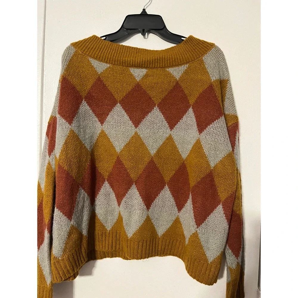Favlux Women Argyle V-Neck Oversized Sweater Mustard Orange Grey FL19H800 L